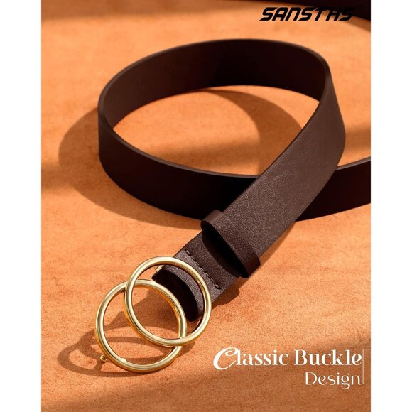 Women's Leather Belt Jeans Pants Fashion Waist Belt Ring Buckle Coffee Gold - Picture 2 of 5